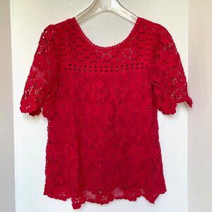 Anthropologie Crochet Top Womens Red Short Sleeve Lace Cotton Blouse